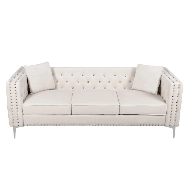 82.3 Larghezza Divano Moderno in Velluto con Bottoni Gioiello e Braccioli Quadrati Trapuntati, 2 Cuscini Inclusi, Beige, 4 colori