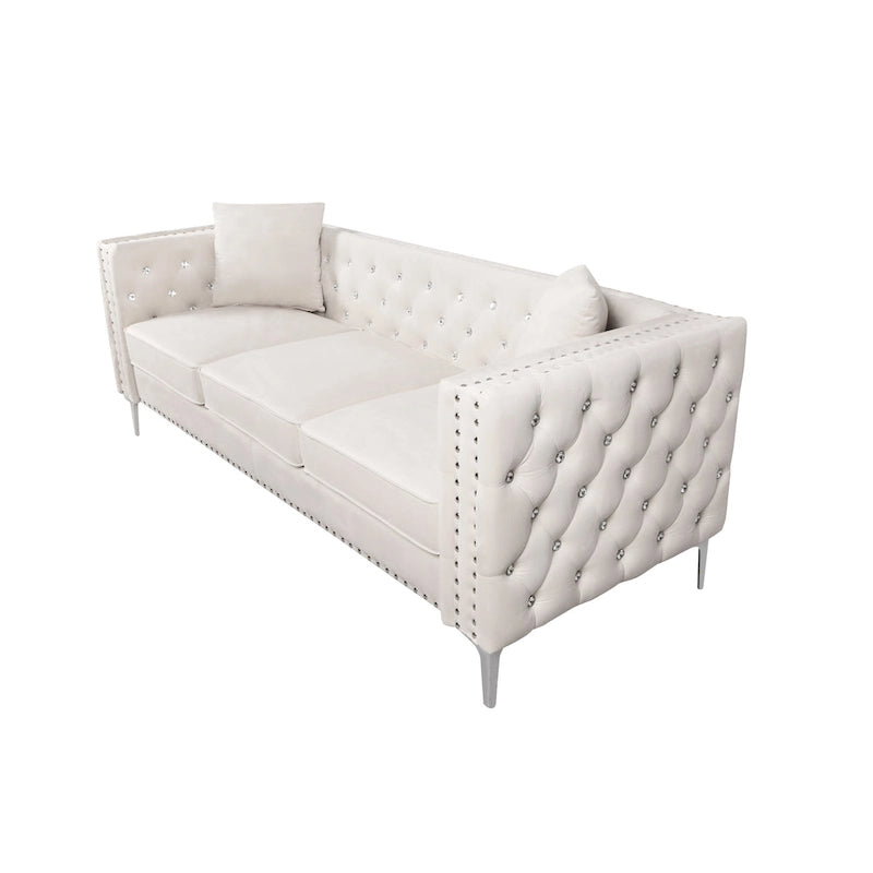 82.3 Larghezza Divano Moderno in Velluto con Bottoni Gioiello e Braccioli Quadrati Trapuntati, 2 Cuscini Inclusi, Beige, 4 colori