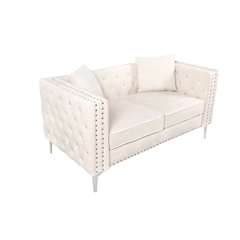 82.3 Larghezza Divano Moderno in Velluto con Bottoni Gioiello e Braccioli Quadrati Trapuntati, 2 Cuscini Inclusi, Beige, 4 colori