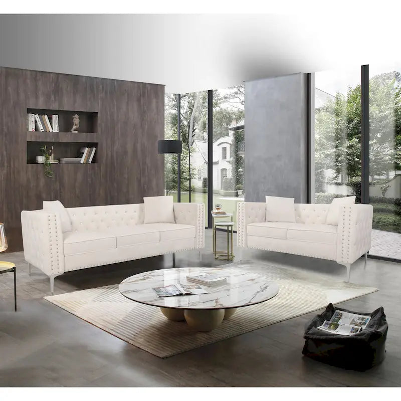 82.3 Larghezza Divano Moderno in Velluto con Bottoni Gioiello e Braccioli Quadrati Trapuntati, 2 Cuscini Inclusi, Beige, 4 colori