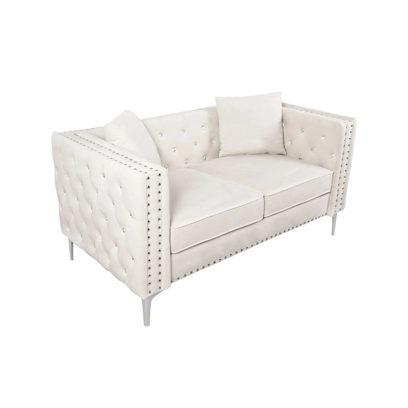82.3 Larghezza Divano Moderno in Velluto con Bottoni Gioiello e Braccioli Quadrati Trapuntati, 2 Cuscini Inclusi, Beige, 4 colori