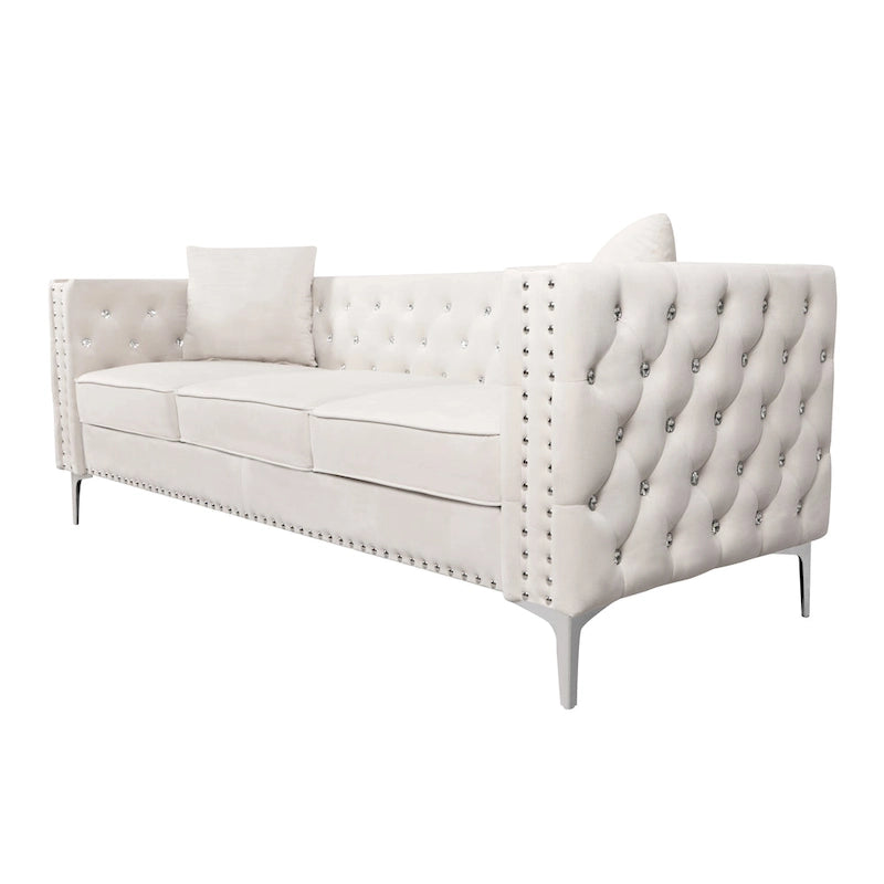 82.3 Larghezza Divano Moderno in Velluto con Bottoni Gioiello e Braccioli Quadrati Trapuntati, 2 Cuscini Inclusi, Beige, 4 colori