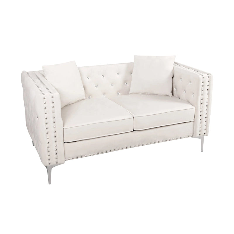 82.3 Larghezza Divano Moderno in Velluto con Bottoni Gioiello e Braccioli Quadrati Trapuntati, 2 Cuscini Inclusi, Beige, 4 colori