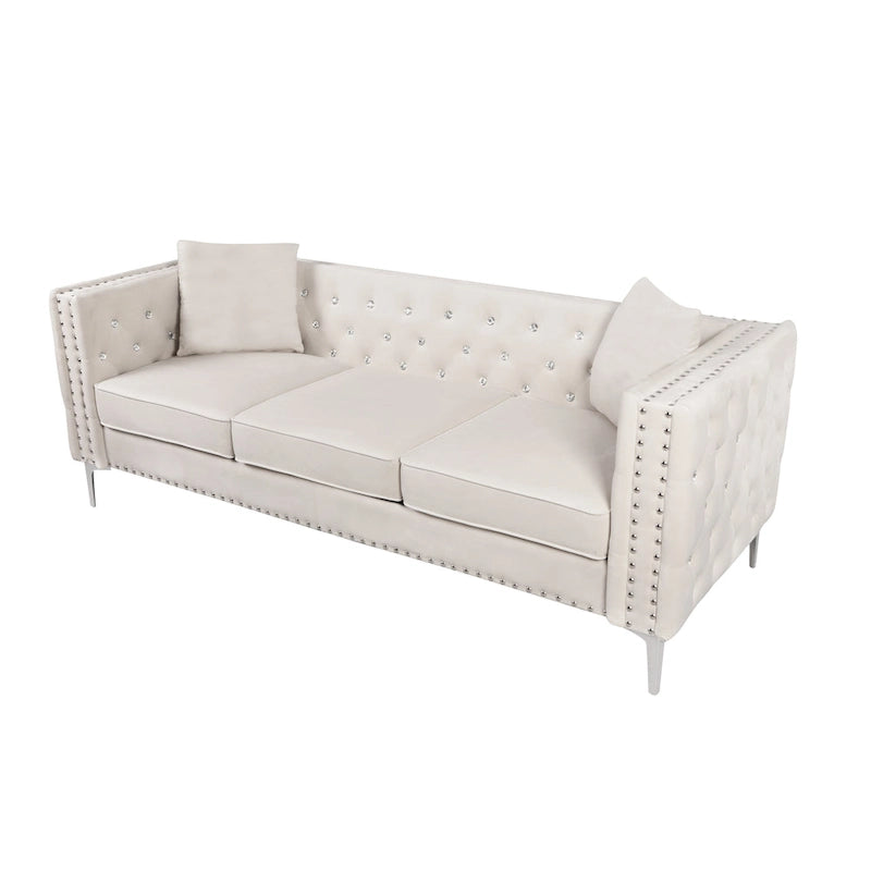 82.3 Larghezza Divano Moderno in Velluto con Bottoni Gioiello e Braccioli Quadrati Trapuntati, 2 Cuscini Inclusi, Beige, 4 colori