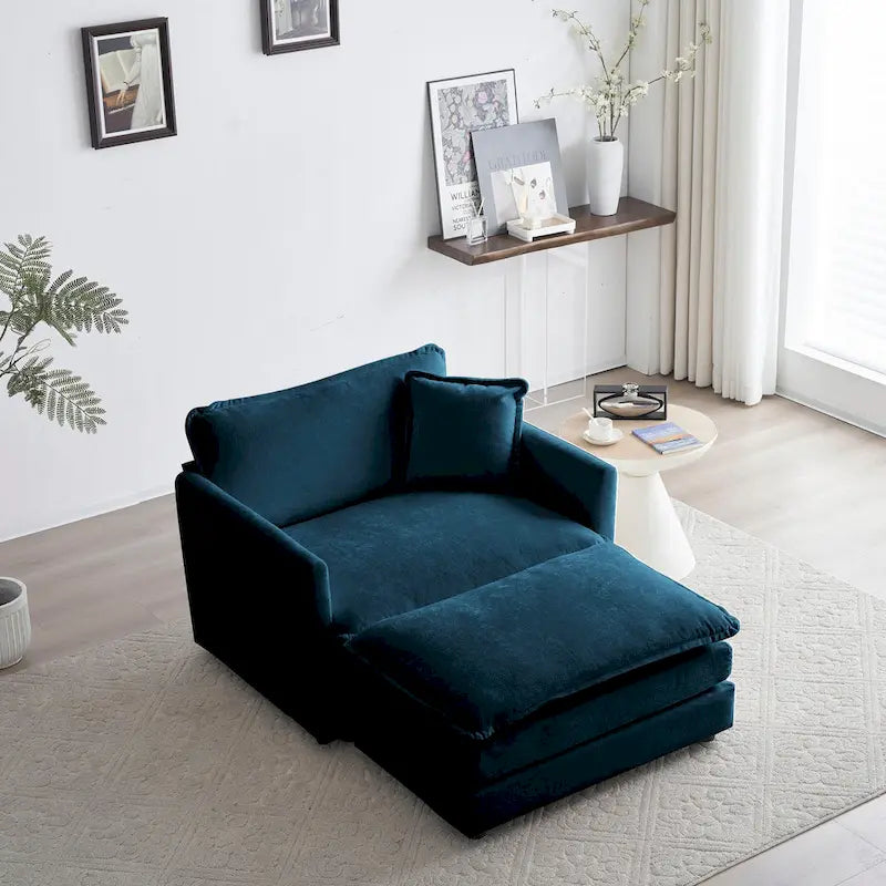 Poltrona moderna con pouf, poltrona club per soggiorno, poltrona rivestita in ciniglia, poltrona da lettura per camera da letto, ciniglia blu