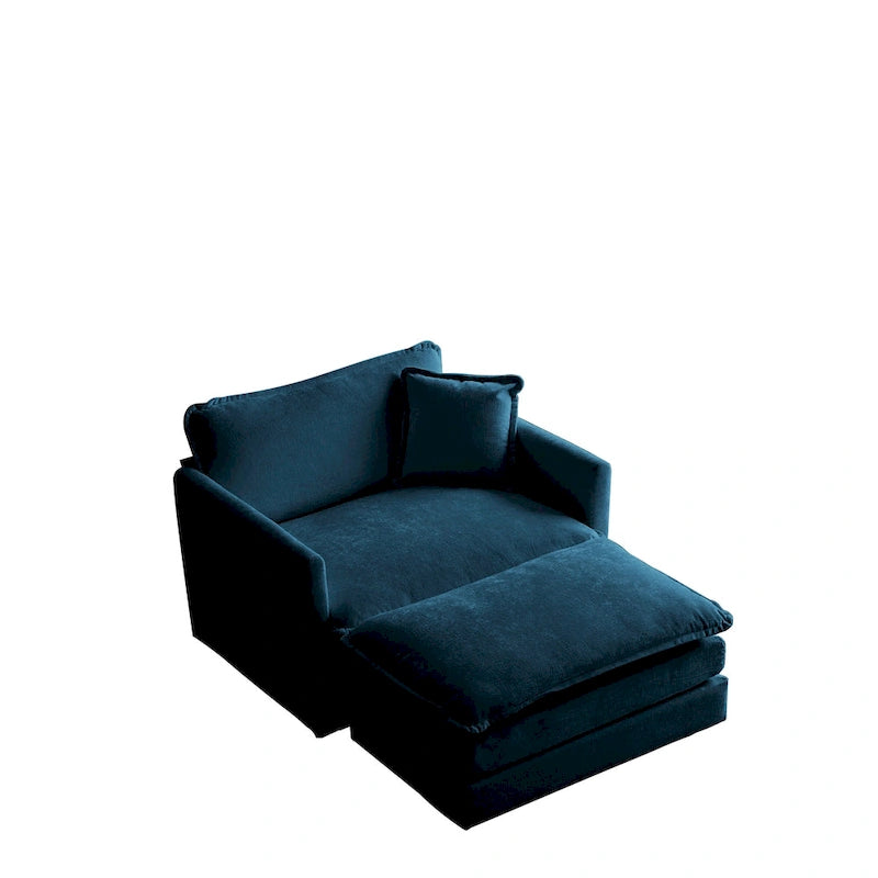 Poltrona moderna con pouf, poltrona club per soggiorno, poltrona rivestita in ciniglia, poltrona da lettura per camera da letto, ciniglia blu