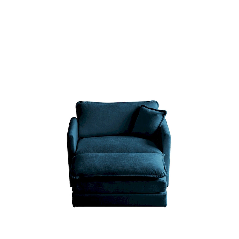 Poltrona moderna con pouf, poltrona club per soggiorno, poltrona rivestita in ciniglia, poltrona da lettura per camera da letto, ciniglia blu