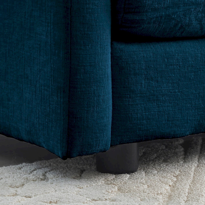 Poltrona moderna con pouf, poltrona club per soggiorno, poltrona rivestita in ciniglia, poltrona da lettura per camera da letto, ciniglia blu