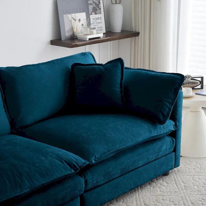 Poltrona moderna con pouf, poltrona club per soggiorno, poltrona rivestita in ciniglia, poltrona da lettura per camera da letto, ciniglia blu