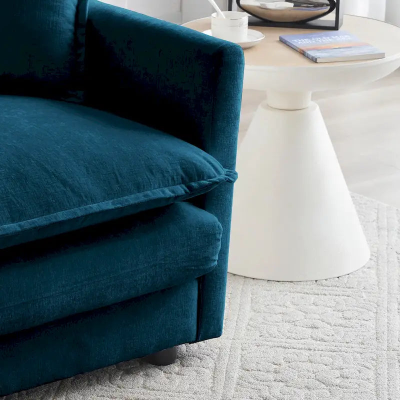 Poltrona moderna con pouf, poltrona club per soggiorno, poltrona rivestita in ciniglia, poltrona da lettura per camera da letto, ciniglia blu