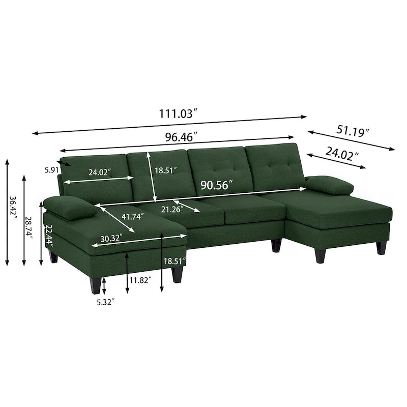 4 Seat U Shaped Sectional Sofa Couch with Double Chaise for Living Room