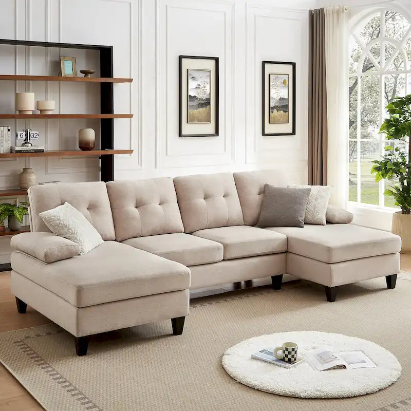 4 Seat U Shaped Sectional Sofa Couch with Double Chaise for Living Room