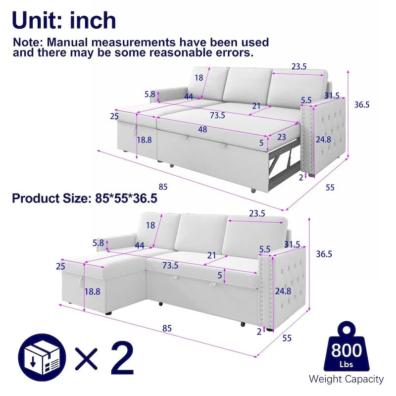 3 Seater Sleeper Sofa with Storage Chaise