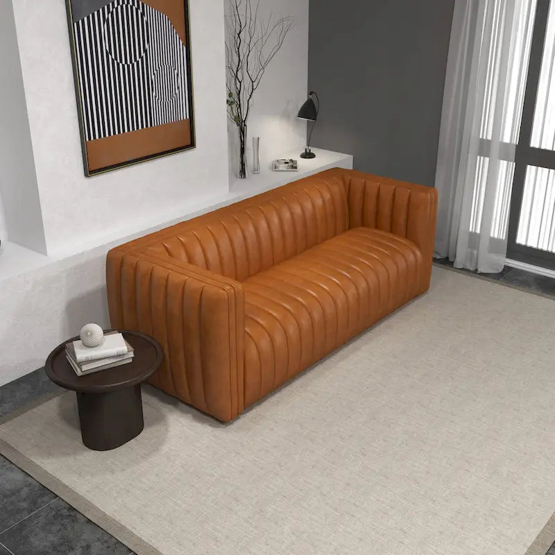 Rasam Mid Century Modern Luxury Tight Back Geniune Leather Couch in Cognac Tan