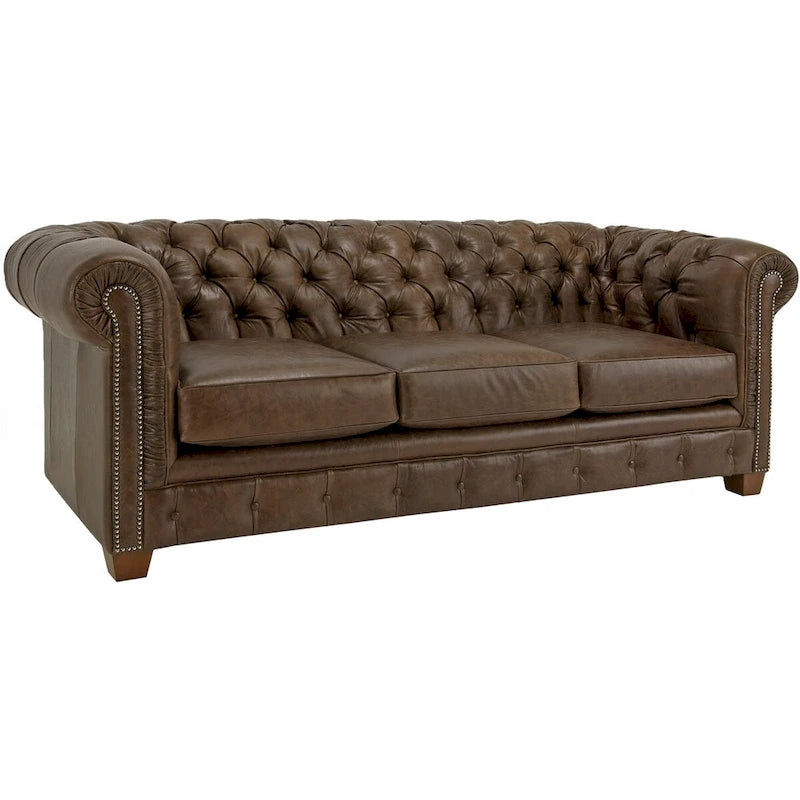 Divano Chesterfield in pelle marrone invecchiata Hancock con bottoni