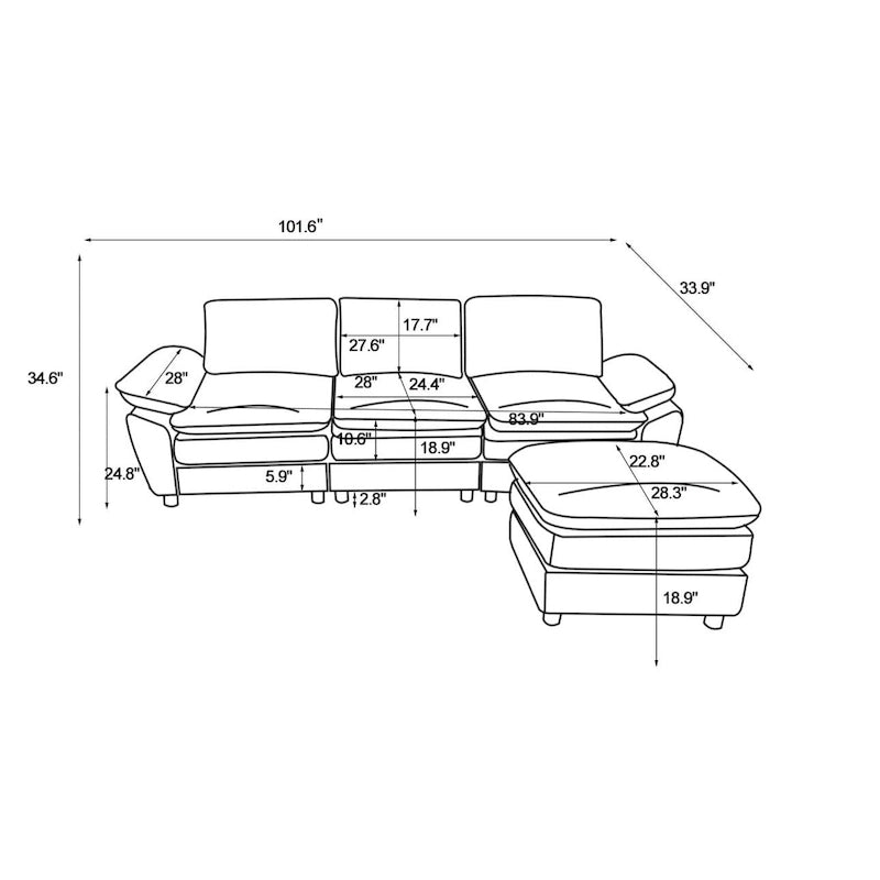 Modern Deep 3-Seat Sofa Couch with Ottoman
