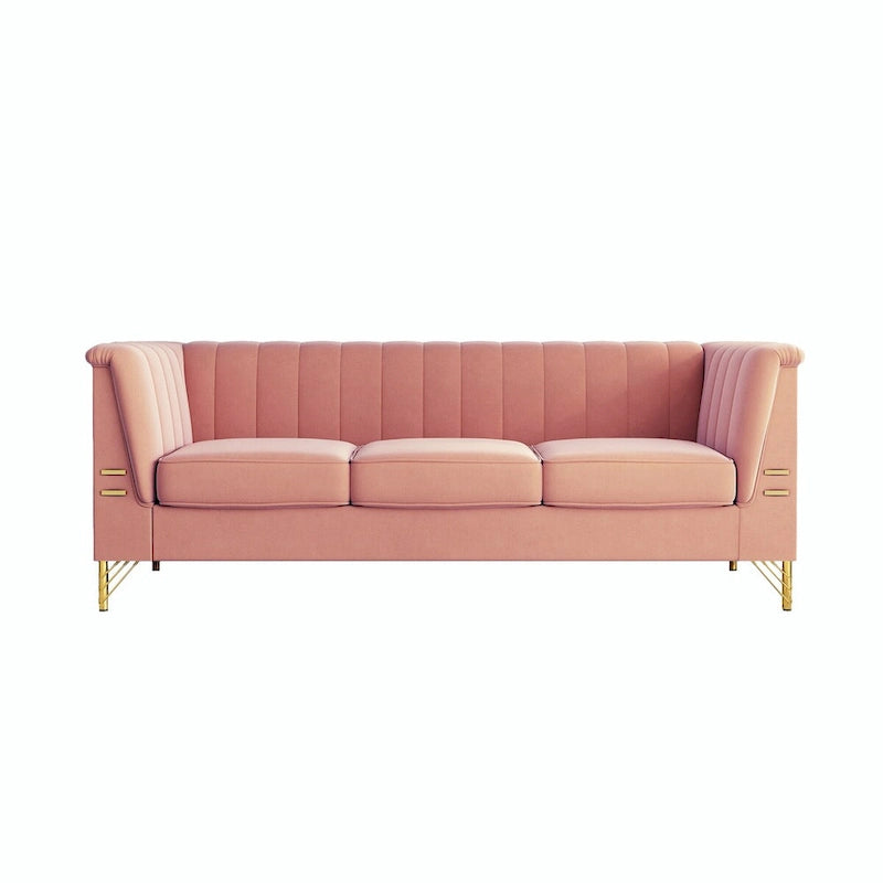 Divano moderno in velluto per soggiorno, divano a 3 posti con gambe in metallo dorato e divano rosa - 83.46*30.51*31.9
