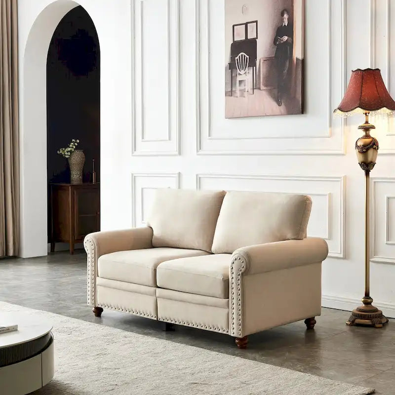 Linen Fabric Upholstered Sofa with Storage, 3-Seater Couch with Solid Wood Frame, Round Arms, and Removable Cushion Cover