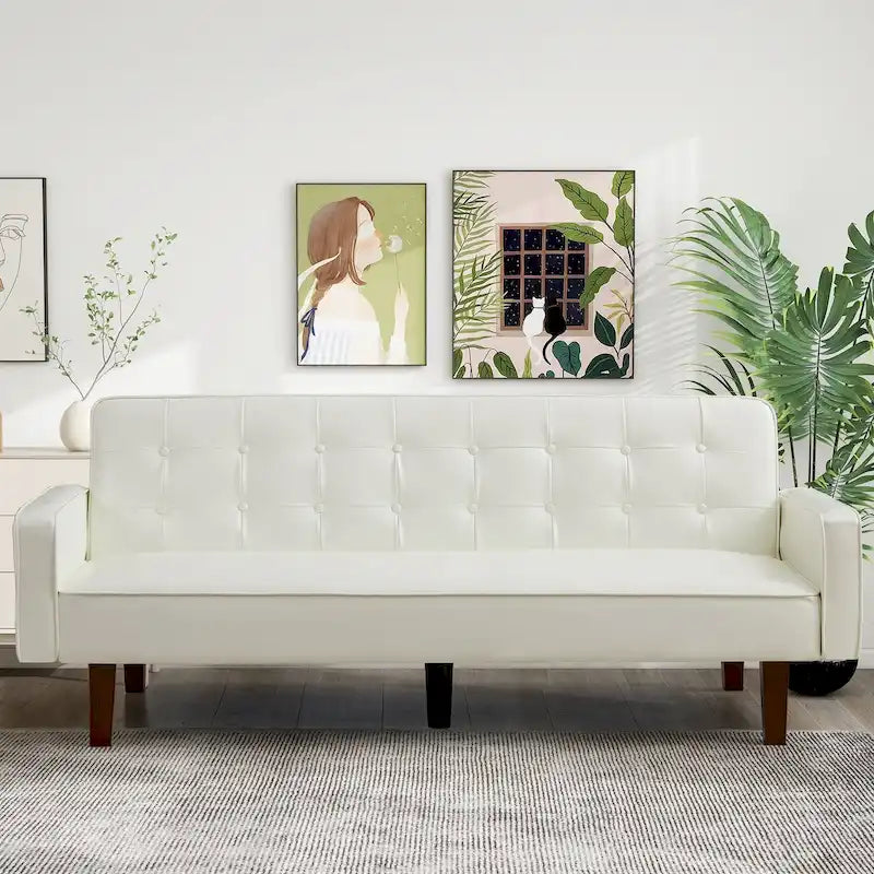 74.4 L Faux Leather Full Handcrafted Button Tufted Sofa 3-Seat, Convertible Sleeper Couch Adjustable Backrest
