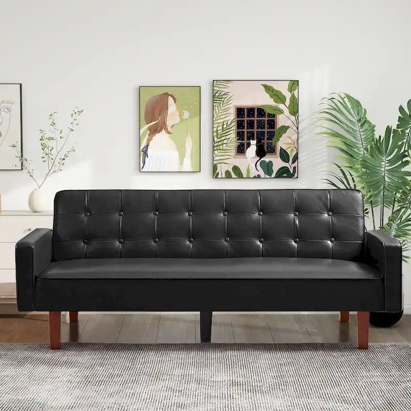 74.4 L Faux Leather Full Handcrafted Button Tufted Sofa 3-Seat, Convertible Sleeper Couch Adjustable Backrest