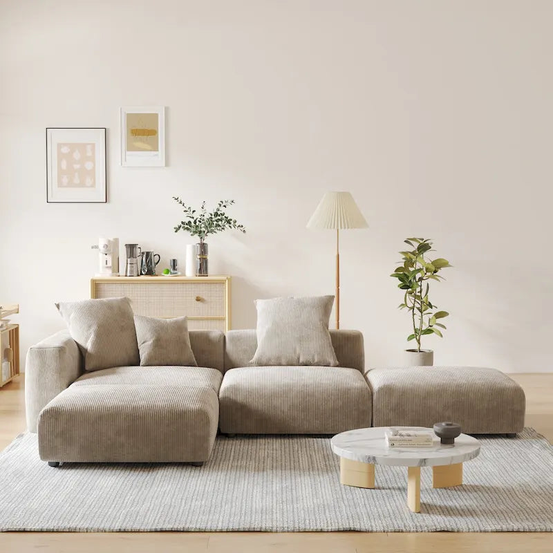 L-shaped Modular Sectional Sofa Corduroy Upholstered Couch with Chaise Ottoman and 3 pillows