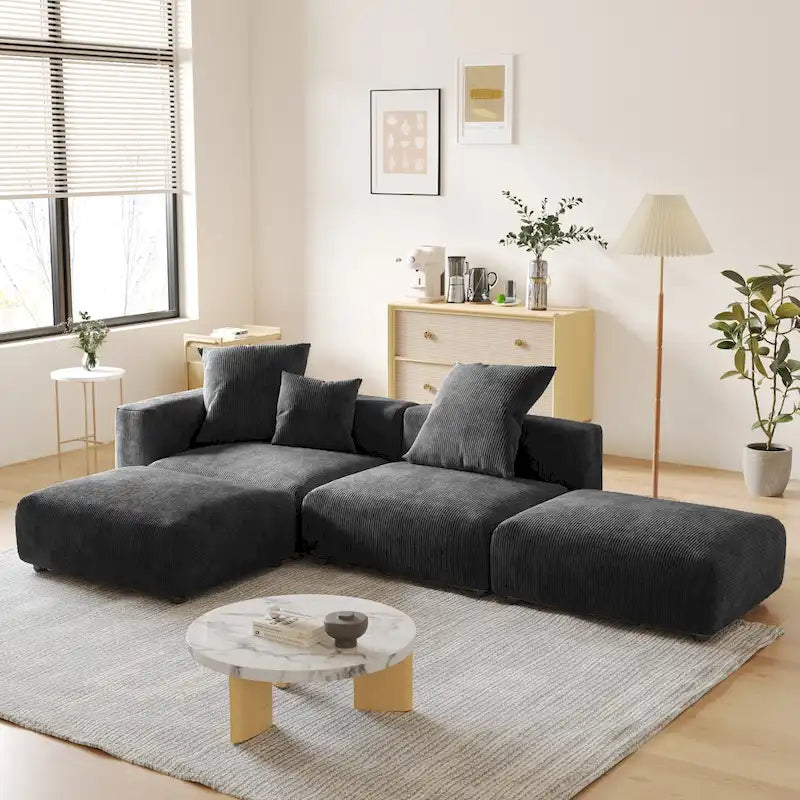 L-shaped Modular Sectional Sofa Corduroy Upholstered Couch with Chaise Ottoman and 3 pillows