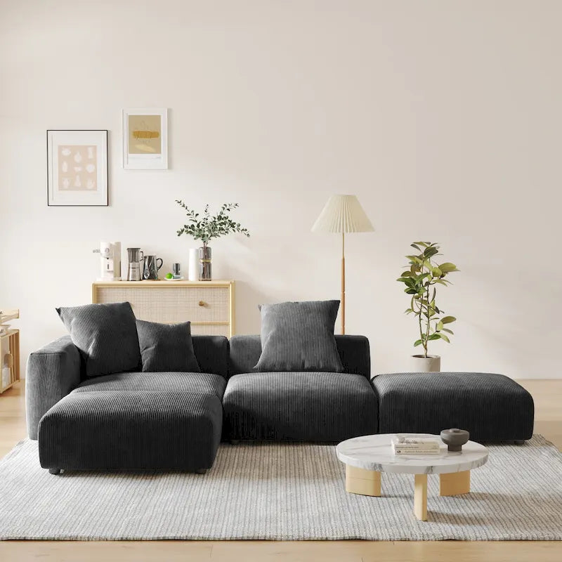 L-shaped Modular Sectional Sofa Corduroy Upholstered Couch with Chaise Ottoman and 3 pillows