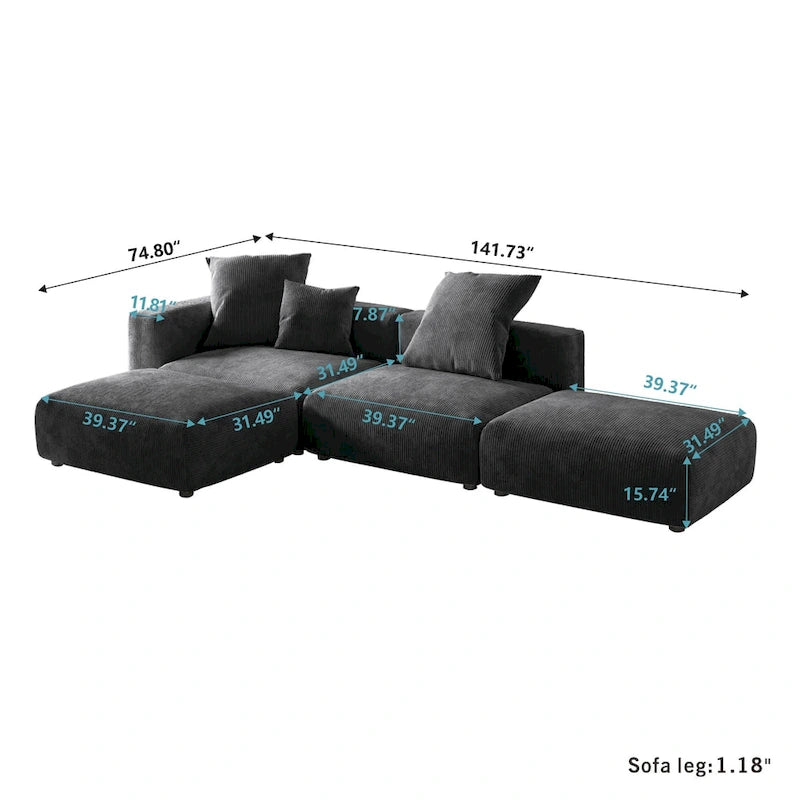 L-shaped Modular Sectional Sofa Corduroy Upholstered Couch with Chaise Ottoman and 3 pillows