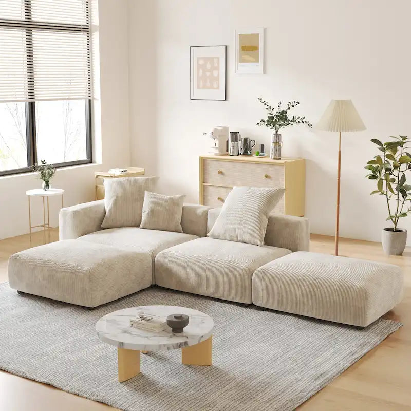 L-shaped Modular Sectional Sofa Corduroy Upholstered Couch with Chaise Ottoman and 3 pillows