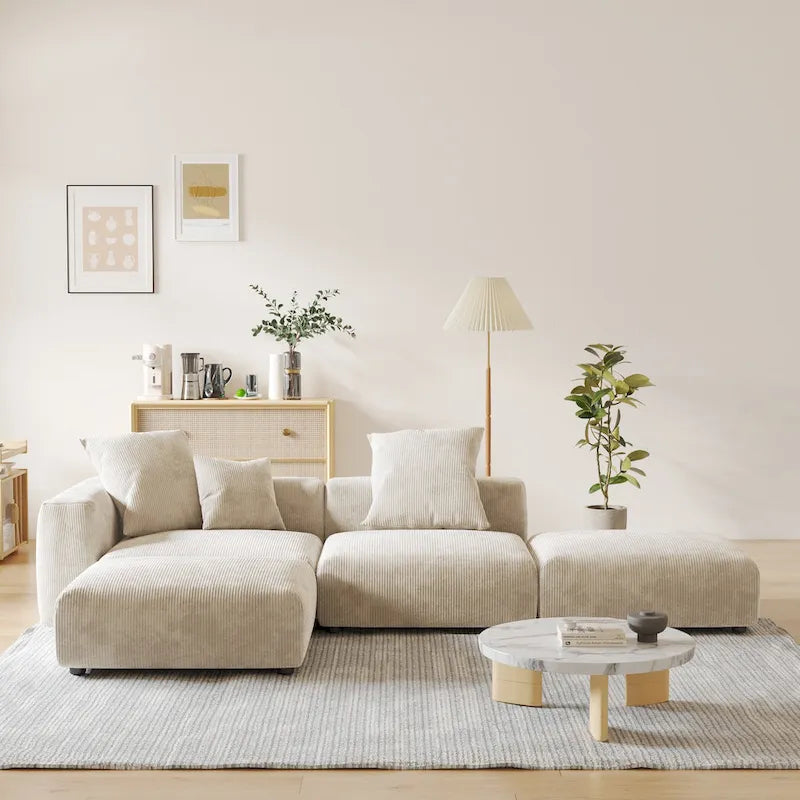L-shaped Modular Sectional Sofa Corduroy Upholstered Couch with Chaise Ottoman and 3 pillows