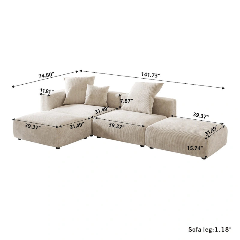 L-shaped Modular Sectional Sofa Corduroy Upholstered Couch with Chaise Ottoman and 3 pillows