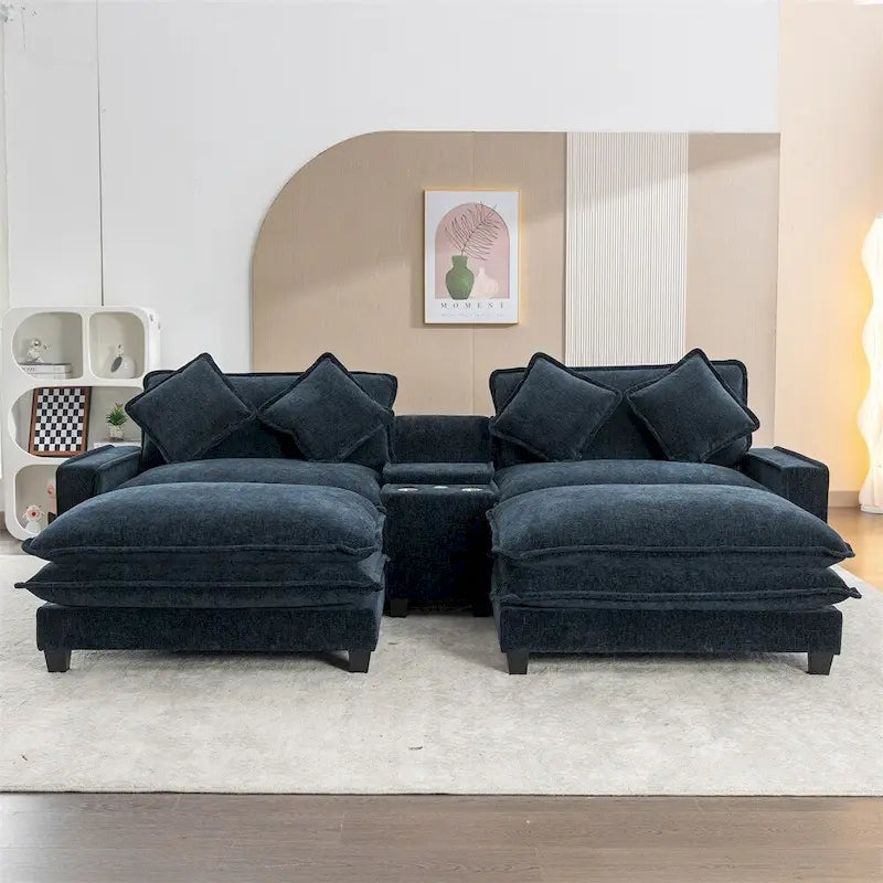 112.6 Chenille Upholstered Sectional Sofa with Two Removable Ottoman