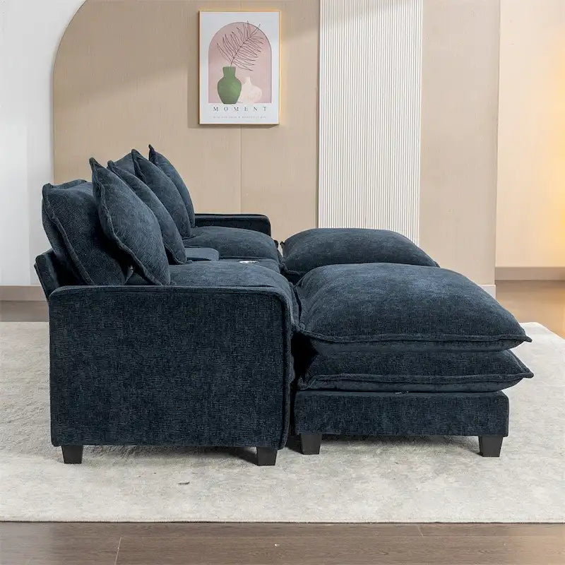 112.6 Chenille Upholstered Sectional Sofa with Two Removable Ottoman