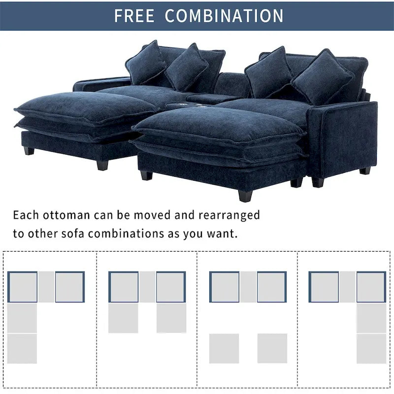 112.6 Chenille Upholstered Sectional Sofa with Two Removable Ottoman
