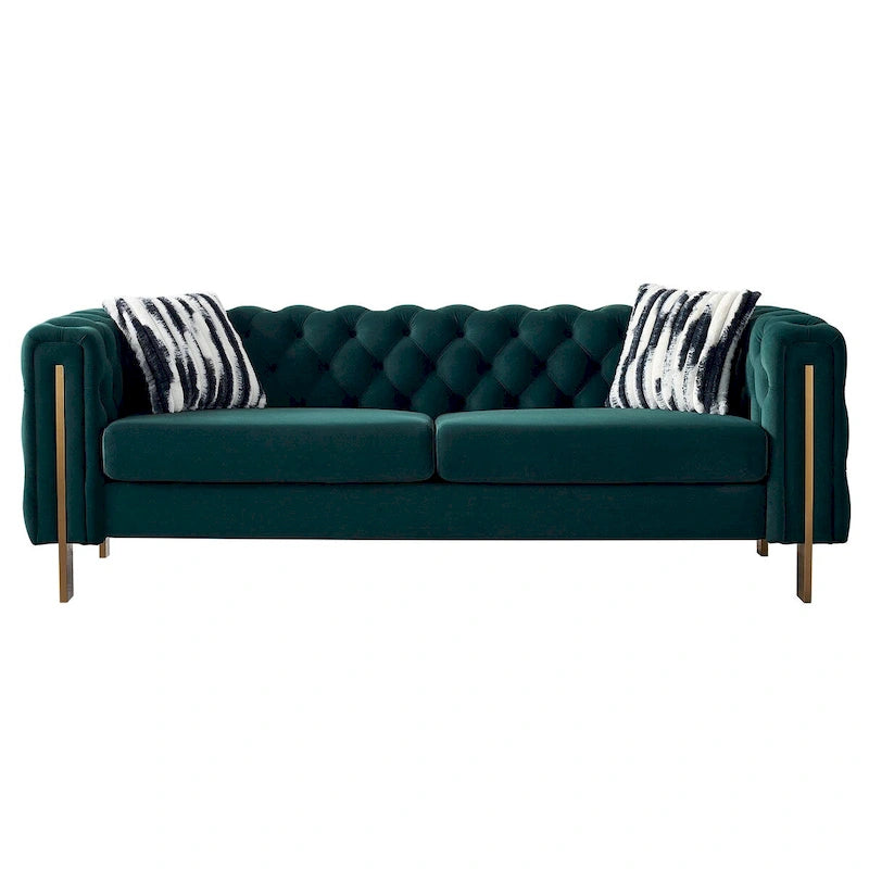 84.25 Luxuriöses, gepolstertes 3-Sitzer-Sofa aus Samt mit Tufting, goldfarbenem Metall-Armlehnendesign und geknöpfter Rückenlehne