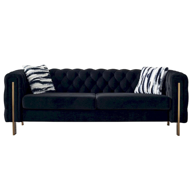 84.25 Luxuriöses, gepolstertes 3-Sitzer-Sofa aus Samt mit Tufting, goldfarbenem Metall-Armlehnendesign und geknöpfter Rückenlehne
