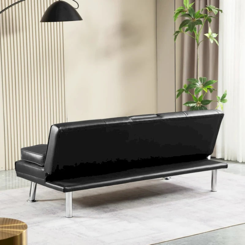 PU Upholstered Modern Convertible Folding Futon Sofa Bed Removable Armrests, Metal Legs, with 2 Cupholders