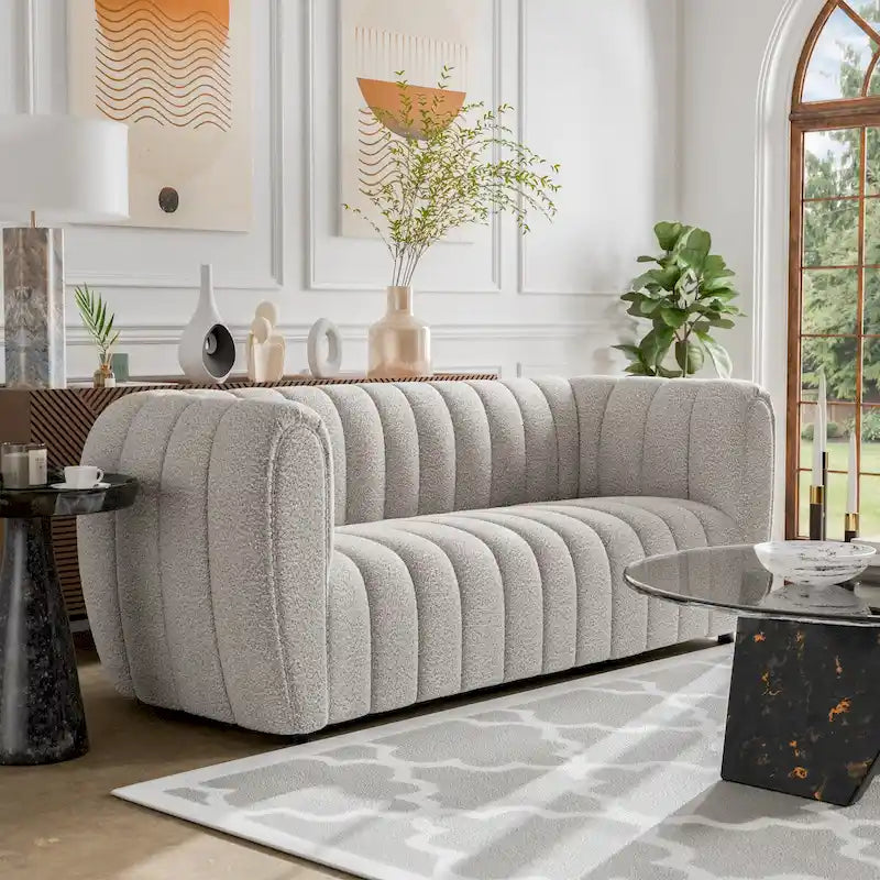 Furniture of America Lucinda moderne accentbank met verticale kanaalknopen van bouclé en houten poten