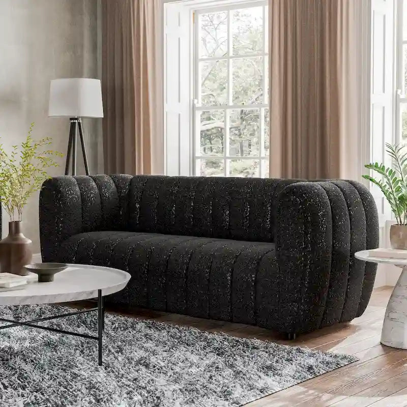 Furniture of America Lucinda moderne accentbank met verticale kanaalknopen van bouclé en houten poten