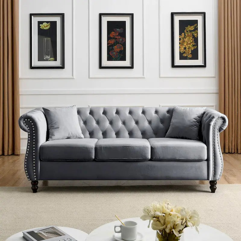 80 Chesterfield Sofa Beige Velvet for Living Room, 3 Seater Sofa Tufted Couch with Rolled Arms and Nailhead , two pillows