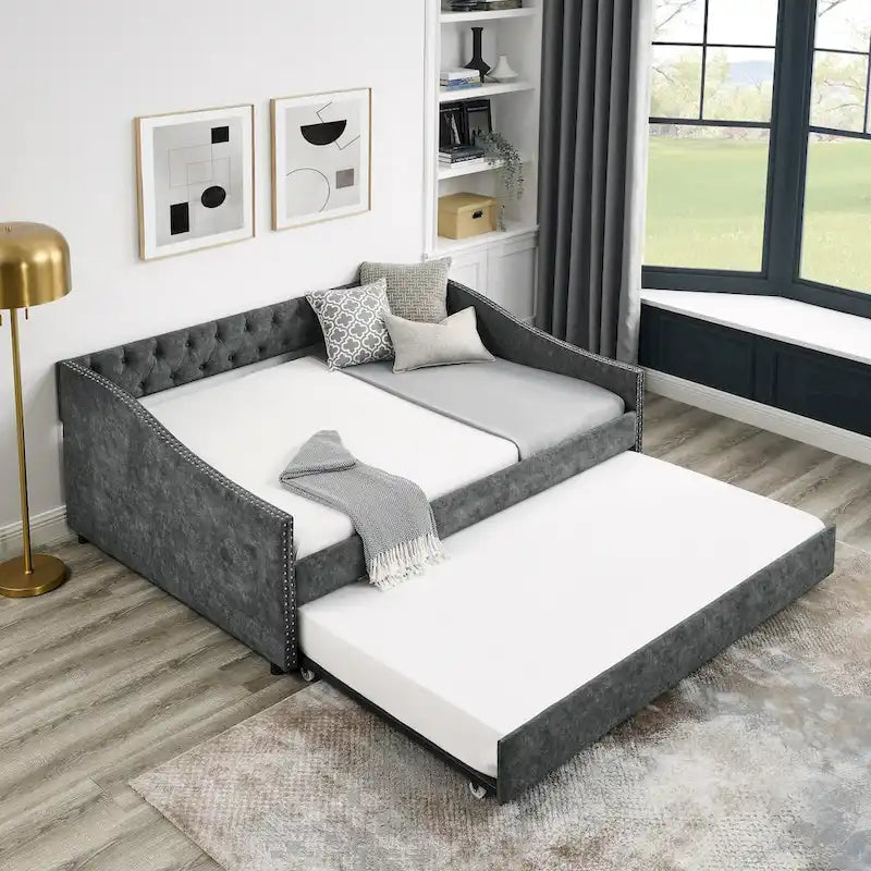 Full Size Daybed with Twin Size Trundle Upholstered Tufted Sofa Bed, with Button on Back and Copper Nail on Waved Shape Arms