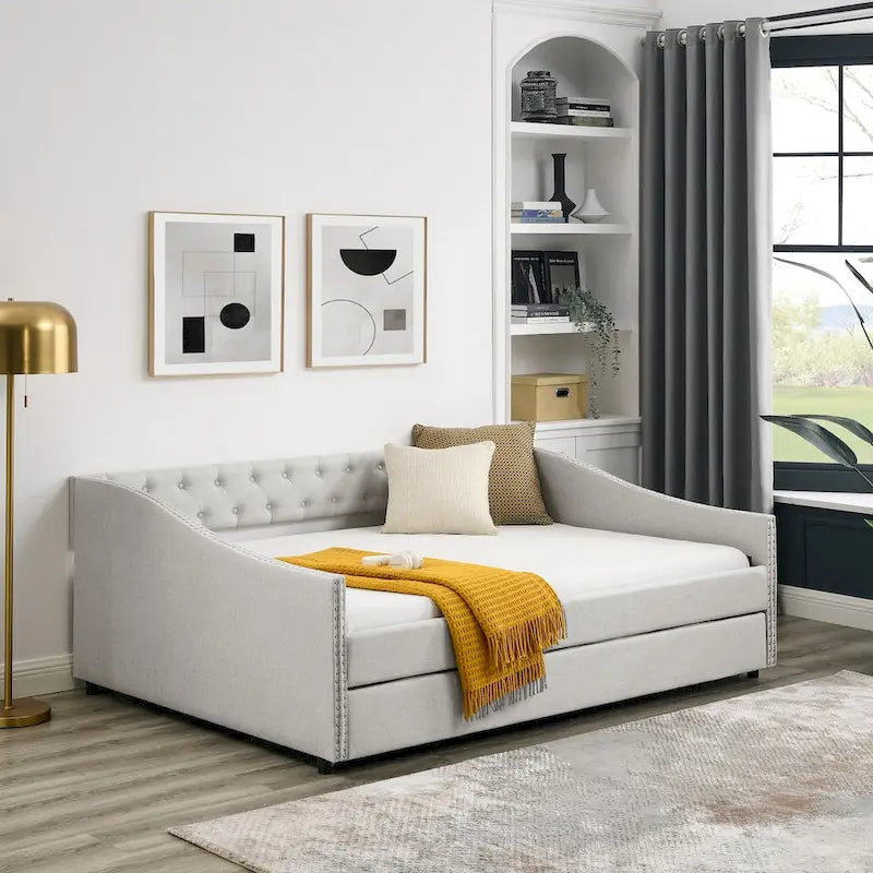 Full Size Daybed with Twin Size Trundle Upholstered Tufted Sofa Bed, with Button on Back and Copper Nail on Waved Shape Arms