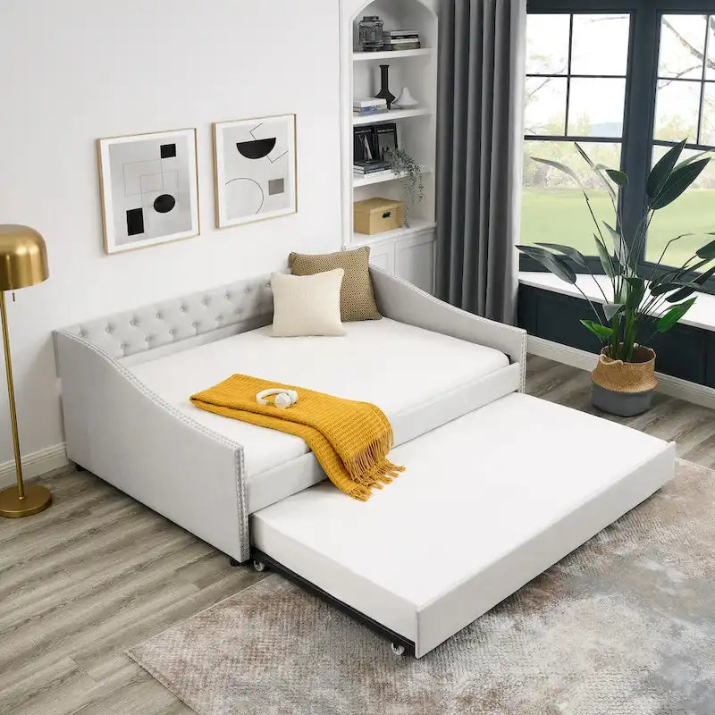 Full Size Daybed with Twin Size Trundle Upholstered Tufted Sofa Bed, with Button on Back and Copper Nail on Waved Shape Arms