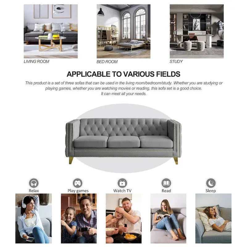 Modern Velvet Sofa Couch Upholstered Button and Metal Legs