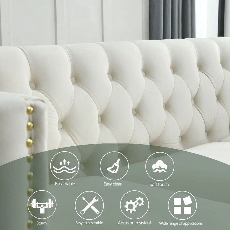 Modern Velvet Sofa Couch Upholstered Button and Metal Legs