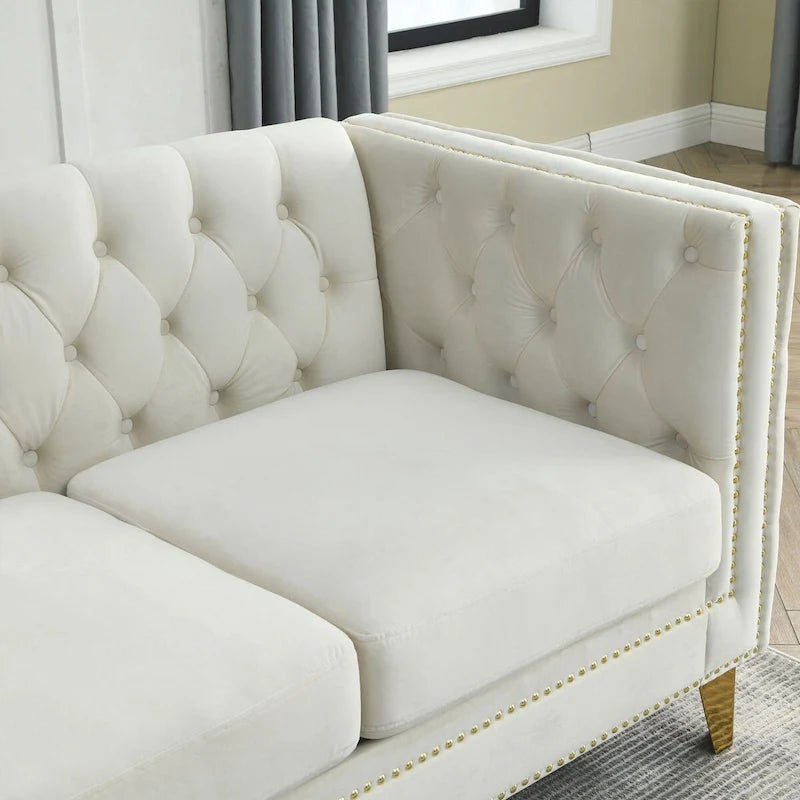 Modern Velvet Sofa Couch Upholstered Button and Metal Legs