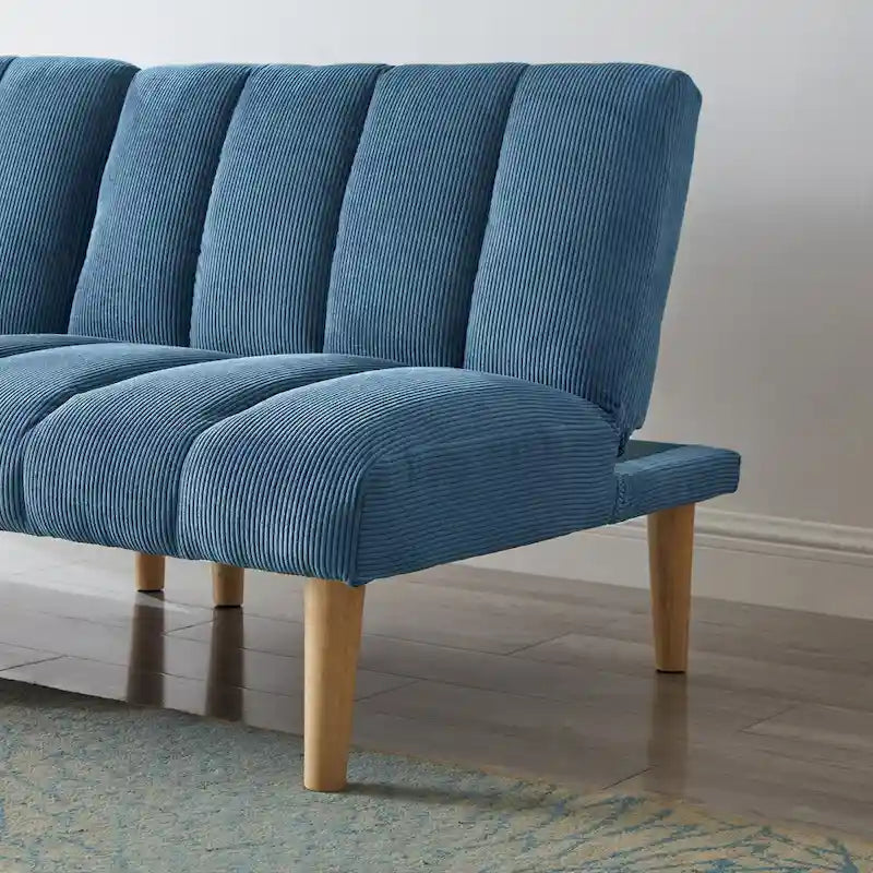 Corduroy Fabric, Wooden Legs Convertible Sofa Bed (Color:Blue)