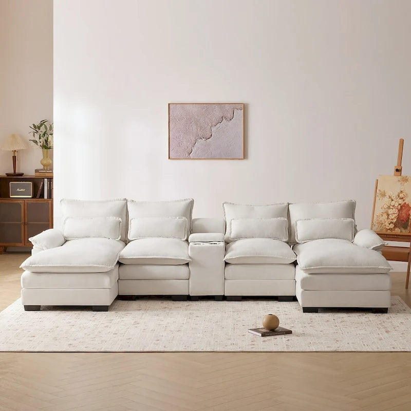 Divano a U 123*55 con console, portabicchieri e porte USB, set divano letto imbottito a 6 posti simmetrico con chaise longue