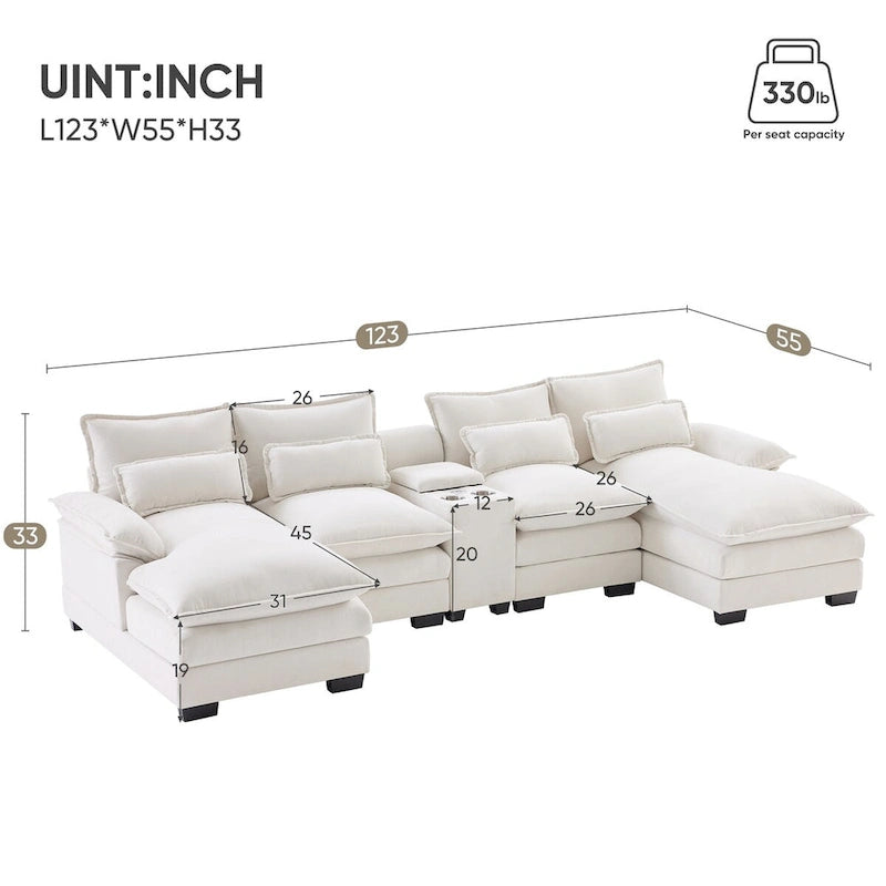 Divano a U 123*55 con console, portabicchieri e porte USB, set divano letto imbottito a 6 posti simmetrico con chaise longue