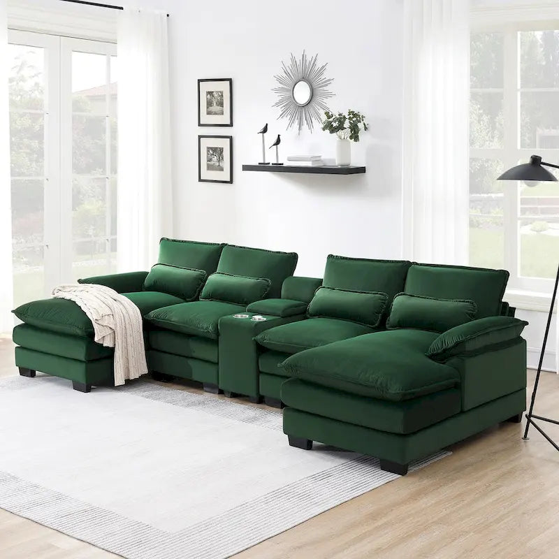 Divano a U 123*55 con console, portabicchieri e porte USB, set divano letto imbottito a 6 posti simmetrico con chaise longue
